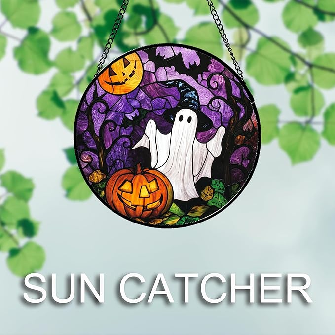 Stained Glass Window Hanging Halloween White Ghost Black Bat 7.8" - Suncatcher Door Garden Sunroom Horror Pumpkin Sun Catcher Birthday for Friend Mom Men Woman Nana