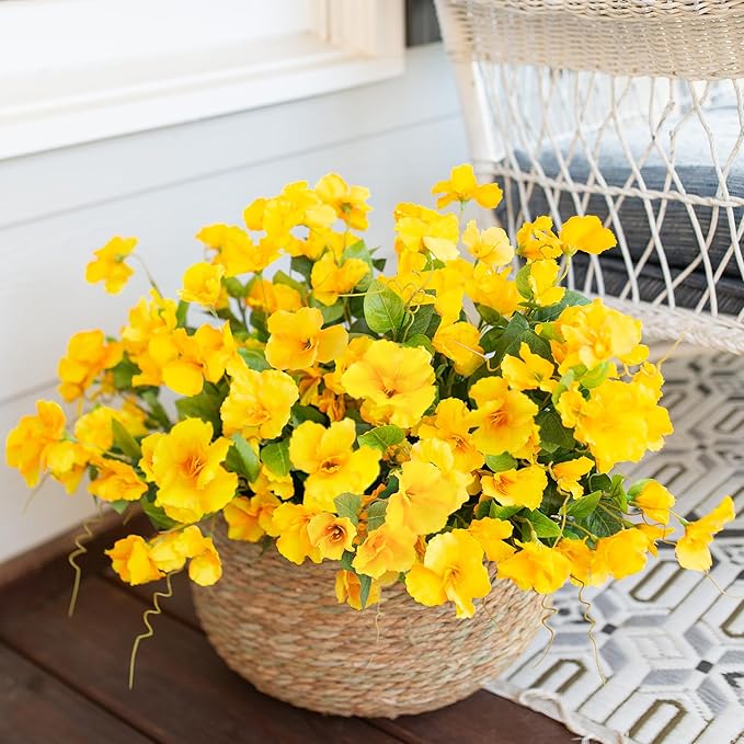 Hibiscus Artificial Flowers Plants for Outdoors Decoration, 6 Bundles Silk Hibiscus Tropical Flowers Artificial Realistic UV Resistant Fake Flower for Outside Planter Porch Patio Balcony, Yellow