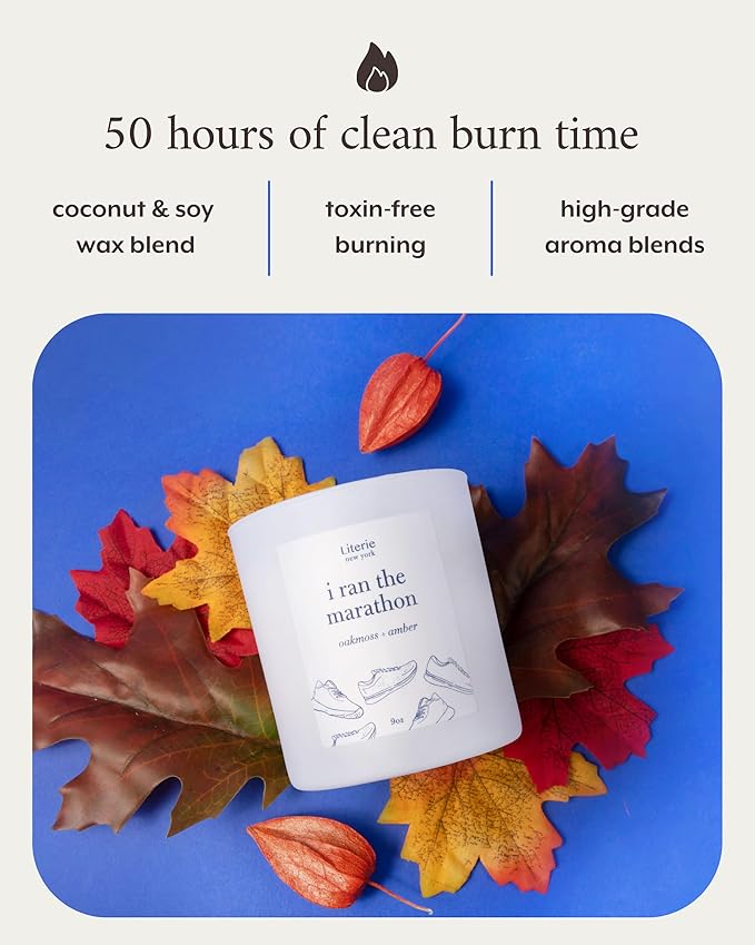 Literie NYC Inspired Scented Candle: I Ran The Marathon - Oakmoss & Amber Scent, 9oz, 50 Hour Burn, Vegan Soy & Coconut Blend Candle for Home Decor, Gift for Women & Men