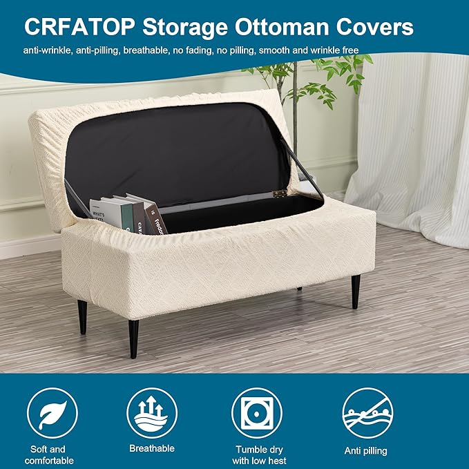 CRFATOP Jacquard Rectangle Ottoman Stool Cover Stretch Folding Storage Footstool Bench Slipcovers Upholstered Foot Chest Chair Covers Washable Entryway Furniture Protector with Elastic Bands,M,Beige