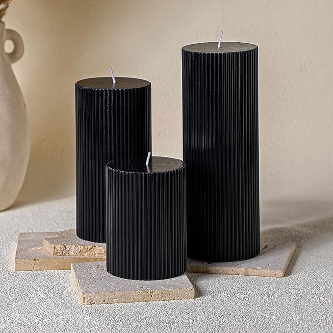 Ribbed Pillar Candles Set of 3, Width 3" High 4" 6" 8" Large Soy Wax Orchids Scented Pillar Candles Aesthetic Ribbed Modern Home Decor for Bathroom Living Room(Black)