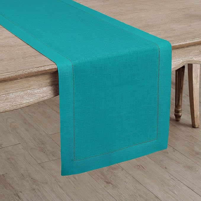 Solino Home Linen Hemstitch Table Runner 36 Inches - 100% Pure Linen Teal Table Runner 14 x 36 Inch Ideal for Dresser and Coffee Tables - Classic Hemstitch