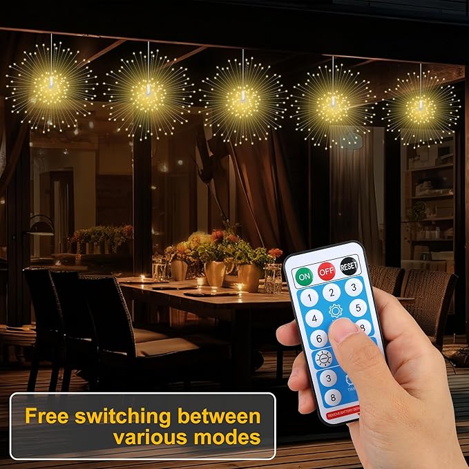 Starburst Sphere Lights with Remote Control 120 LED Firework Light 8 Modes Wedding Decorative Hanging Lights for Party Patio Garden Warm White 4 Pack