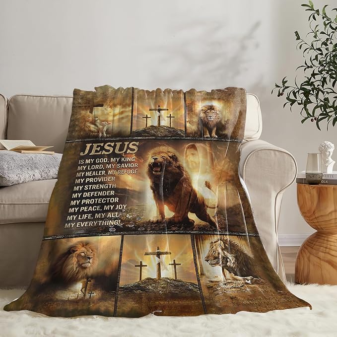Tijuboni Christian Lion Throw Blanket Religious Gifts for Women Men Girls Boys Kids Adults Soft Flannel Fleece Blanket for Couch Sofa Bed Home Decor 40"x50"