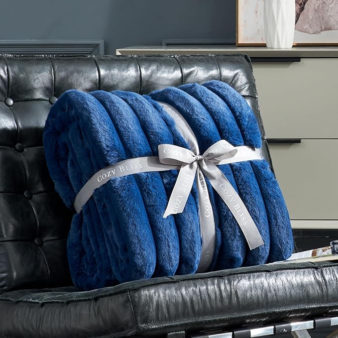 Cozy Bliss Faux Fur Throw Blanket for Couch, Cozy Warm Plush Striped Blanket for Sofa Bedroom Living Room, 50 * 60 Inches Navy Blue
