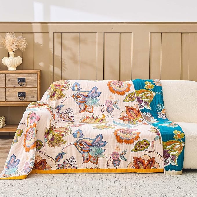 Summer Throw Blanket for Bed, 50"x60" Boho Throw Blankets 100% Cotton Quilts Farmhouse Decoration Warm Soft Blanket Muslin Bed Blankets for Couch Chair