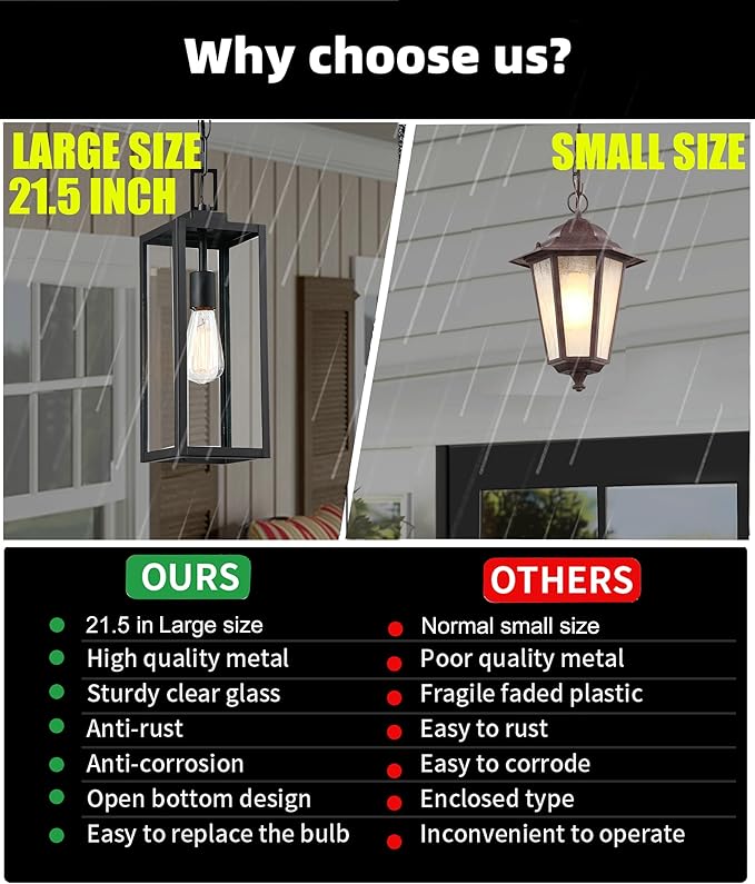 21.5 in Large Size Front Porch Pendant Light Fixture - Outdoor Hanging Light for Patio Entrance Porch Hanging Lantern Exterior Pendant Front Door, E26 Base