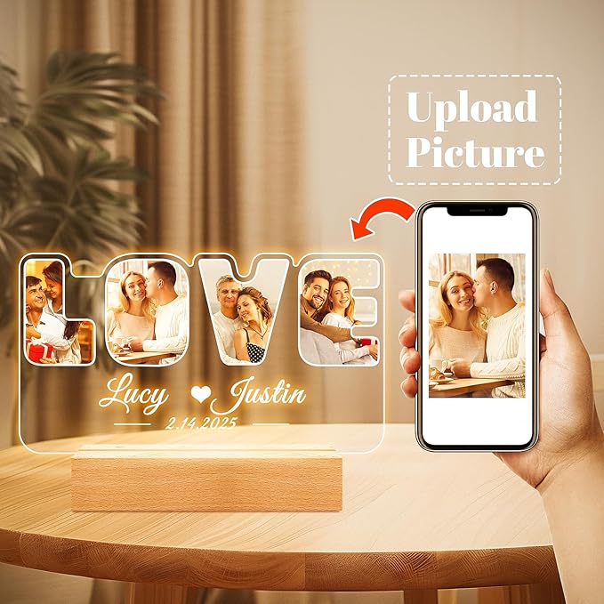Custom Picture Frames with Photo, Personalized Photo Frame with Night Light, Customized Picture Frame, Personalized Christmas Anniversary Couples Gifts for Women Men Her Him Girlfriend Boyfriend