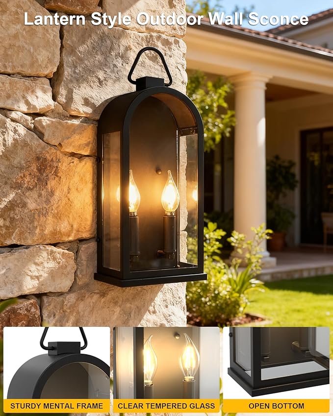 Outdoor Wall Light Fixtures, 2 Light Porch Lights Outdoor, Matte Black Exterior Waterproof Wall Sconce with Glass Shade, Outside Lantern for House Garage Doorway Patio Entryway, E12 Socket