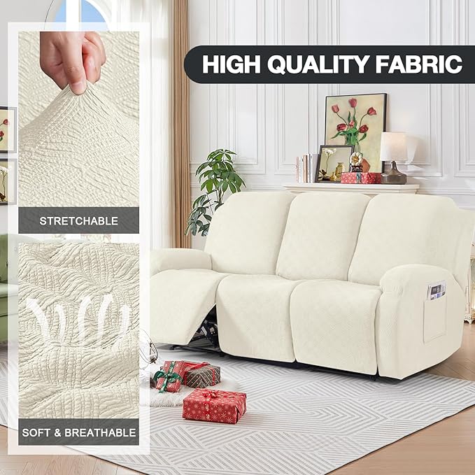 Timeles Recliner Covers for 3 Seater Reclining Sofa Slipcover Furniture Protector for Dogs and Pets Stretch Soft Washable (Three-Seater, Cream)