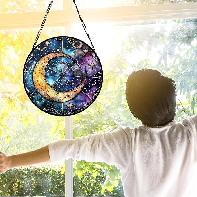 Stained Glass Window Hanging, Blue Starry Sky Moon Astrolabe Suncatcher for Doors Home Sun Catchers Decoration and Christmas, Mother's Day Birthday Gifts for Women, Men, and Mom 14.9x14.9 in