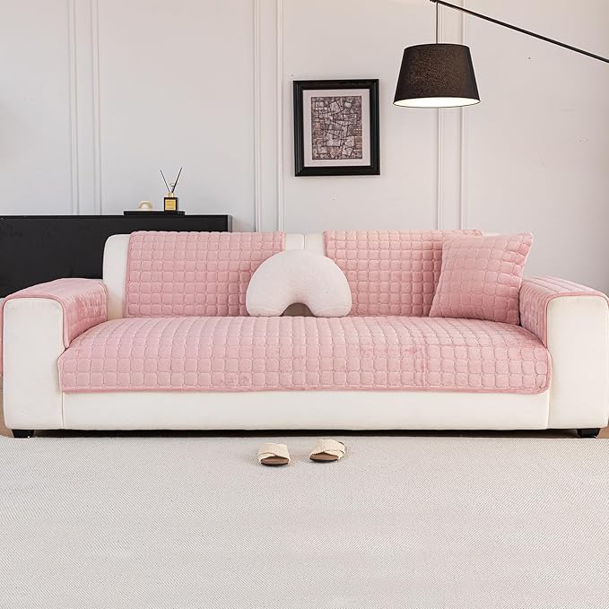 Velvet Couch Cover, Washable Sectional Sofa Cover, Anti Slip Sofa Slipcover for 3 Cushion Couch Sofa L Shaped Armrest Backrest, Furniture Protector Covers for Pets Kids(1PC,Pink,36"×36")