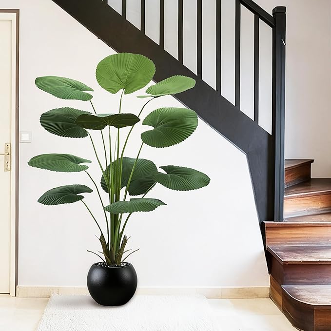 Artificial Fan Palm Tree: 5FT Fake Licuala Ruffled Fan Palm Plant Faux Tropical Plant Realistic Tall Floor Tree in Black Egg-Shaped Pot for Home Decor Office Patio Hotel Garden Indoor Outdoor