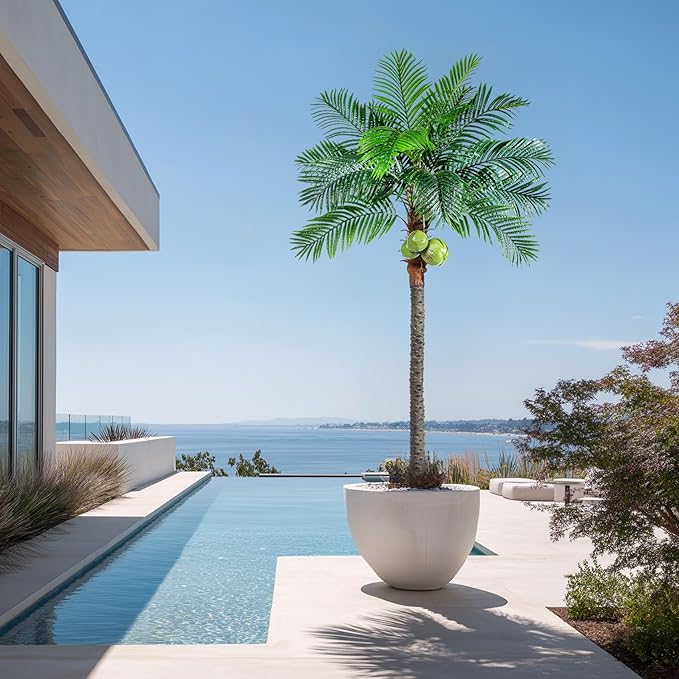 Artificial Phoenix Palm Tree 8.2ft Tall - Fake Large Tropical Tree with Adjustable Leaves, Realistic Faux Sago Palm for Indoor Outdoor Decor, Patio, Poolside, Yard, Living Room, Office