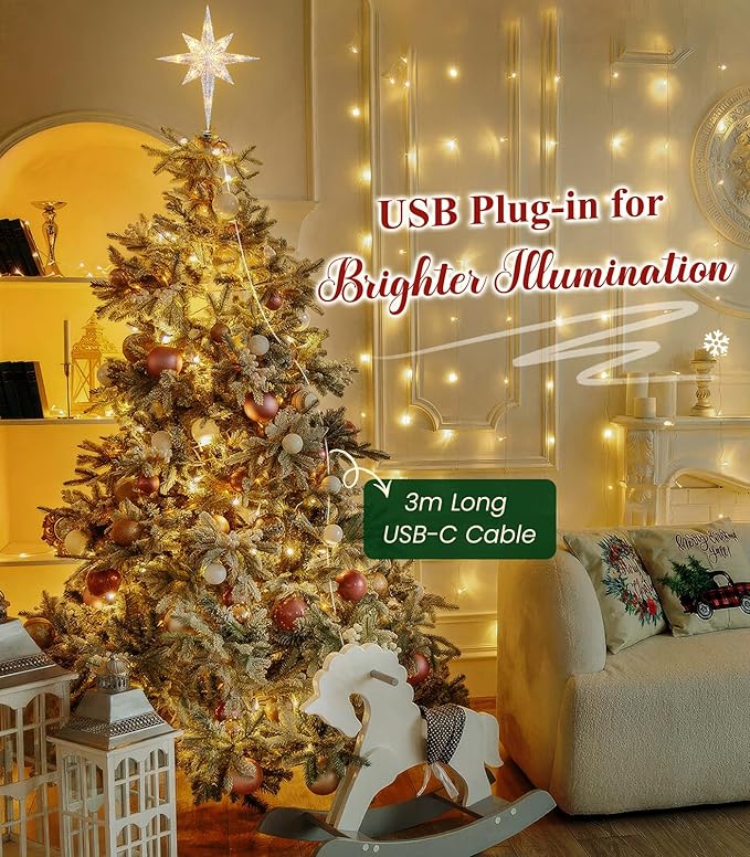 Luxspire Christmas Tree Topper, Lighted Star Tree Topper with USB Plug-in & Remote Control, 10" LED Christmas Decorations Light, Xmas Trees Vintage Ornament for Home, Bethlehem Star-Silver