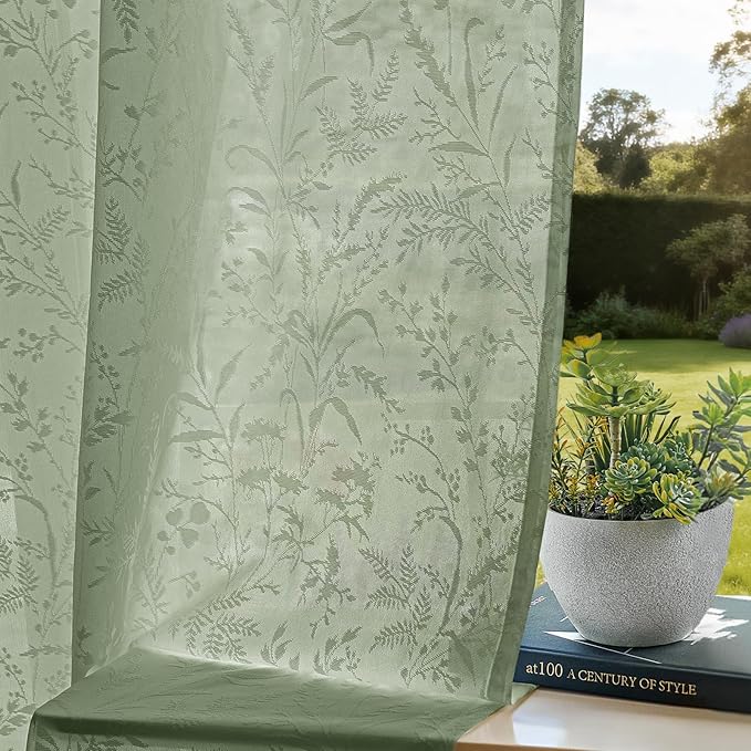Anmao Sage Green Semi Sheer Light Filtering Curtains 84 Inches Long 2 Panels, Leaf Pattern Drapes for Living Room Bedroom, Rod Pocket Sheer Window Treatments with Floral Design, 52x84 Inch