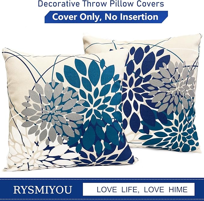 Decorative Throw Pillow Covers Set of 2 Blue Pillow Covers 22x22 inch Linen Square Pillow Cases,Farmhouse Modern Geometric Floral Outdoor Pillow Cover for Couch Sofa Living Room Bedroom