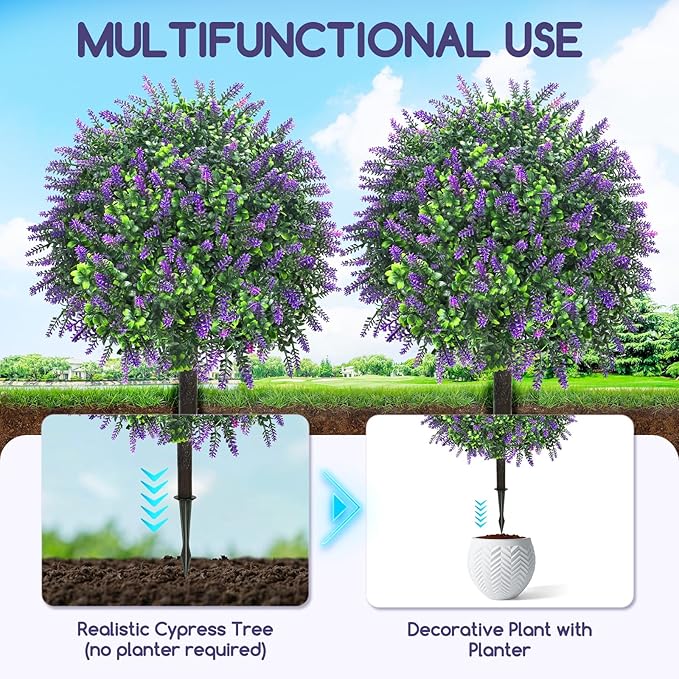 Artificial Lavender Topiary Ball Trees, 2 Set of 20’’ Artificial Shrub Bushes with Ground Spike,UV Resistant Faux Greenery Shrubs,Fake Evergreen Boxwood Plants for Garden, Yard, Porch, Patio Decor
