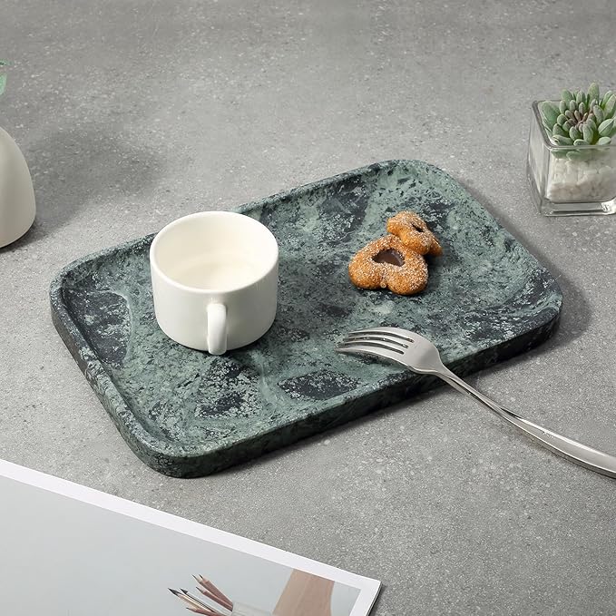 Koville Marble Tray, 12"x8" Natural Marble Vanity Tray for Countertop Bathroom Kitchen Dresser, Decorative Marble Catchall Trays for Perfume Jewelry, Rectangular Stone Serving Tray(Green)