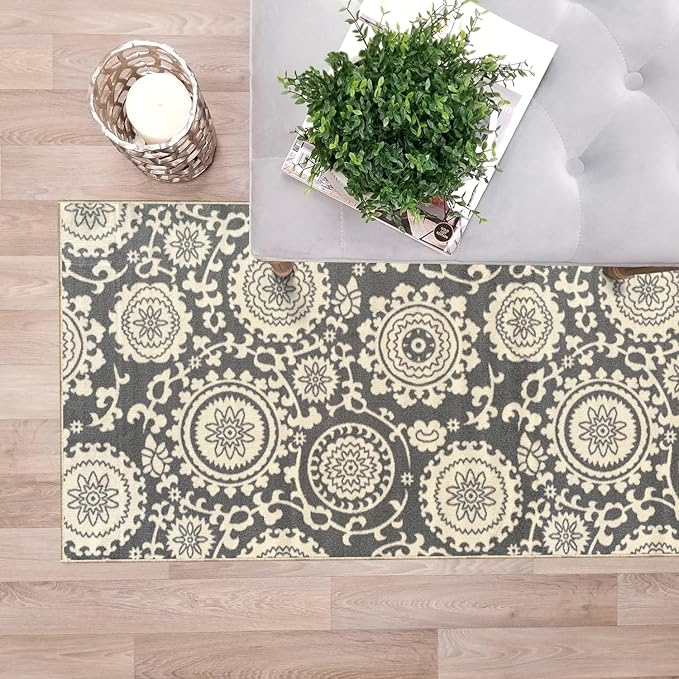 Kapaqua Custom Size Grey Floral Medallion Rubber Backed Non-Slip Hallway Stair Runner Rug Carpet 31 inch Wide Choose Your Length 31in X 25ft