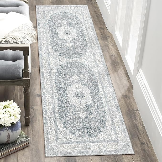 Washable Runner Rug 2x6,Grey Rug Runners Non Slip,Long Boho Rugs for Hallways Kitchen Bedroom Entryway Living Room Bathroom,Vintage Bohemian Distressed Floor Carpet,Floral