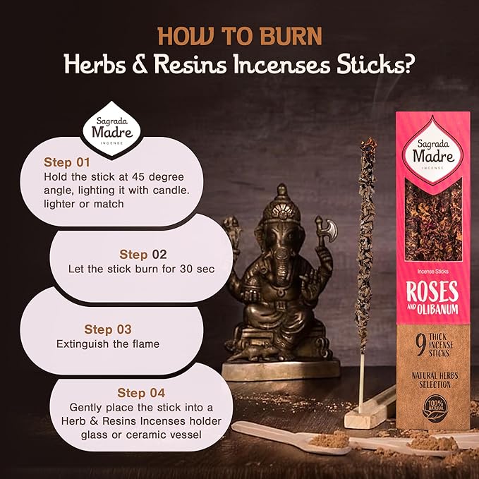 Sagrada Madre 9 pcs Wildly Harvested - Rose & Olibanum/Frankincense Incense Sticks, 7" Long - Thick Aromatic Incense Sticks (45-55 min Burning Time) to Neutralize Negative Energies & Harmonizing Space
