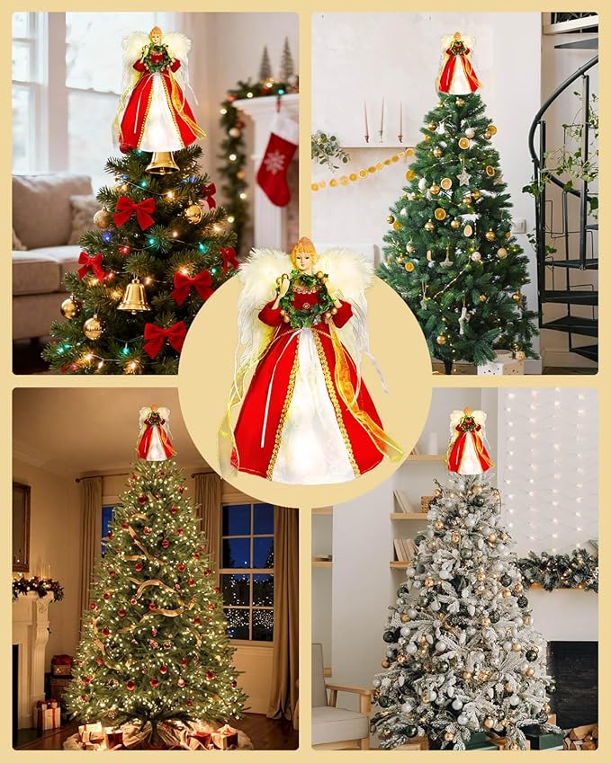 Angel Tree Topper with Lights | 12 Inch Christmas Angel Tree Topper with Feather Wings | Battery Powered Christmas Tree Toppers Lighted for Vintage Decor | Xmas Tree Topper Ornament, Red