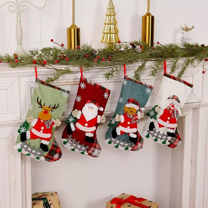 Christmas Stockings Personalized 4 Pack - Customized Small Xmas Stockings Bulk with Reindeer, Santa Claus, Snowman, Bear for Christmas Home Decorations, Set of 4