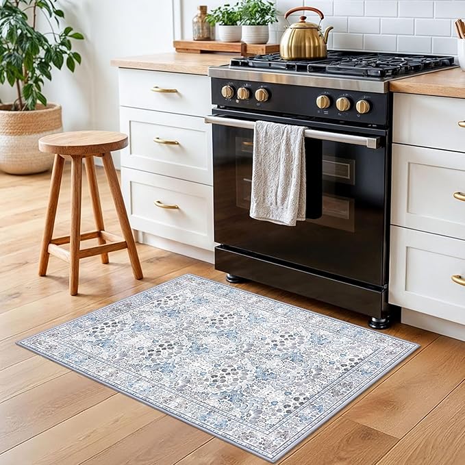 2x3 Washable Area Rug, Grey Blue Soft Rug for Entryway, Non-Slip Indoor Door Mat Boho Low-Pile Kitchen Rugs, Floor Modern Carpet for Entrance Kitchen Bedside Farmhouse