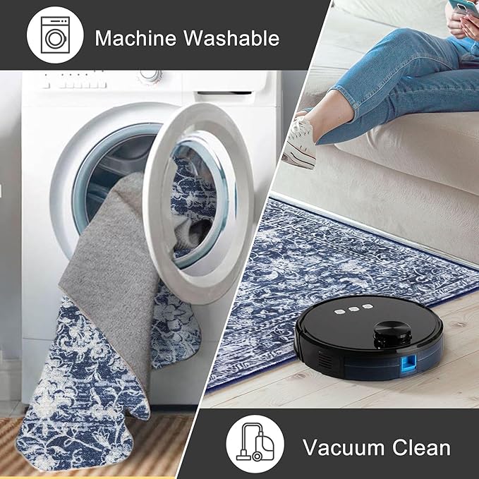KILOCOCO Area Rug 9x12 Living Room Rug Washable Printed Vintage Floral Non Slip Soft Rubber Backed Indoor Bedroom Rugs for Laundry Room Kitchen Playroom Moroccan Area Rugs, Blue