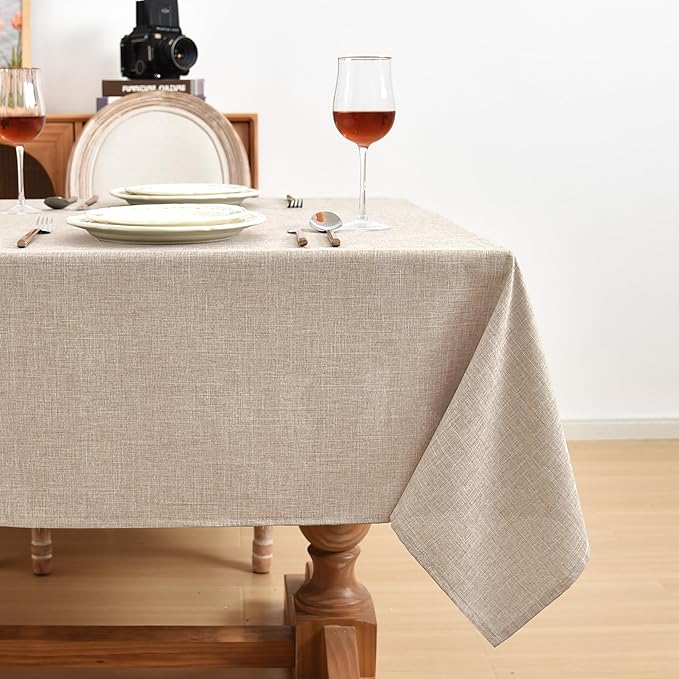 Fitable Faux Linen Beige Tablecloths for Rectangle Tables - 90 x 156 Inch - 6 Pack Fabric Textured Washable Table Clothes Floor Lenghth Table Covers for Wedding, Party, Banquet, Birthday