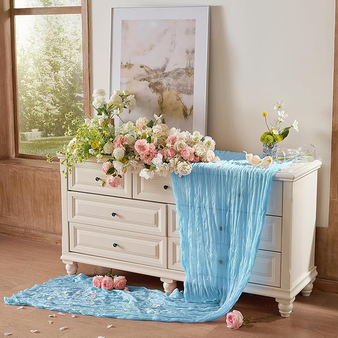 6 Pack Cheesecloth Table Runner 120 Inch Boho Rustic Gauze 10 FT Light Blue Cheese Cloths Table Runners Decorations for Spring Summer Birthday Party Baby Shower Wedding Holiday Home Decor