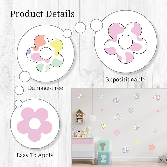 Decalcomania Pastel Flowers Wall Decor by Jessica Stempel - Set of 22 Danish Pastel Room Decor Flower Wall Decals Removable Peel and Stick Wall Stickers - Floral Aesthetic Room Decor