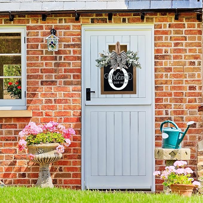 Last Name Year Round Front Door Wreath Front Porch Decoration 26 Letter Welcome Sign with Eucalyptus Garland and Bow Spring Wreaths for Front Door Outside Hanger Garland（O）