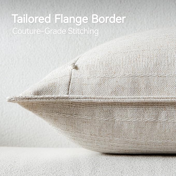 a moment Linen Pillow Covers Set of 2,Boho Farmhouse Throw Pillowcases Neutral Textured Decorative Covers for Couch Sofa Bed, Soft Linen Blend Accent Case Cushion Christmas Home Decor 20"x20"Ivory