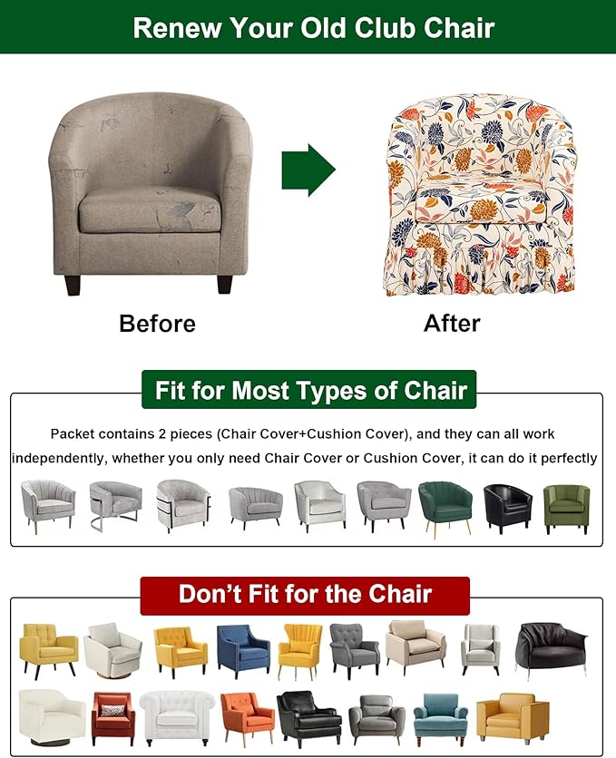 CRFATOP 2 Piece Club Chair Slipcover with Skirt Printed Tub Armchair Covers with Seat Cushion Cover Soft Printed Round Barrel Furniture Protector for Bar Counter Living Room,C16