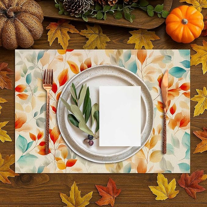 Double Side Set of 4 Eucalyptus Leaves Fall Placemats Seasonal Autumn Harvest Table Mats for Indoor Outdoor Home Party Dining Decor Farmhouse Burlap Table Mats 12x18 Inch #WP024