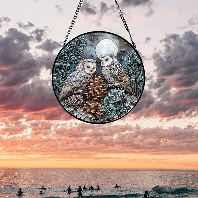 Stained Glass Window Hanging - Owl On A Tree Suncatcher for Doors Garden Patio Winter Scene Sun Catchers Decor Christmas Mother's Day Birthday Gifts for Women Men Mom Nana Friend 15 in