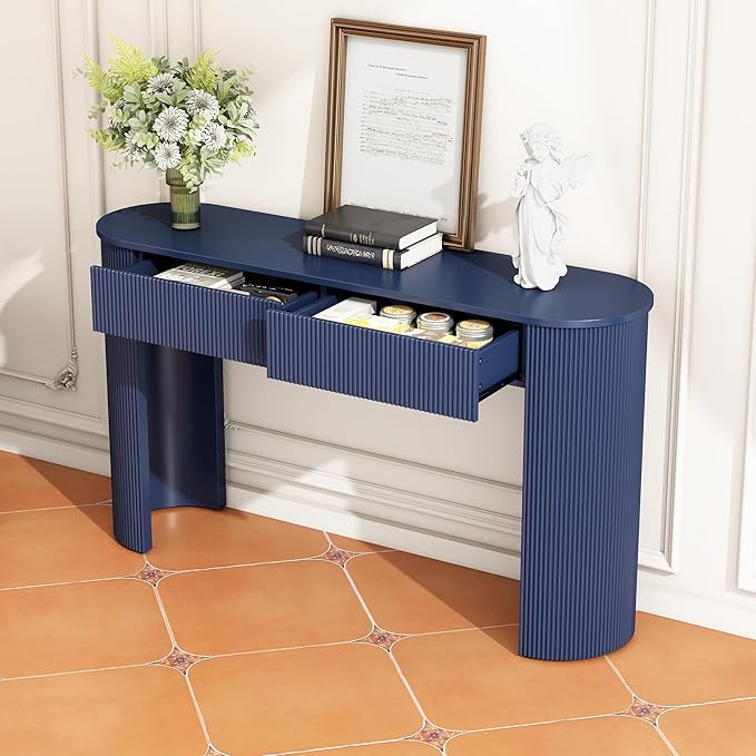 Modern Versatile Console Table with Oval Top and 2 Drawers, Wooden 54'' Long Entryway Table Accent Sofa Table for Hallway Living Room, Unique Vertical Stripe Design (Navy-1.27)
