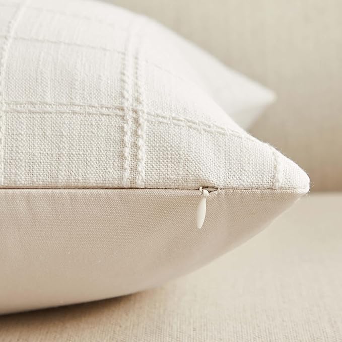 ZeeMart Linen Checked Lumbar Throw Pillow Covers Set of 2, 12x20 Inch Ivory/Cream, Farmhouse Decorative Single Sided Grid Embroidered Couch Pillow Cases Off White Cotton Linen Cushion Covers