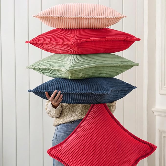 decorUhome Christmas Corduroy Red Throw Pillow Covers 22x22 Set of 2 Decorative Soft Boho Farmhouse Euro Couch Pillow Covers for Living Room Bed Sofa Broadside Striped Pillow Cases