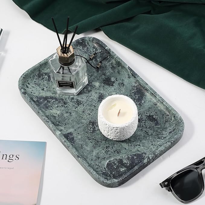 Koville Marble Tray, 12"x8" Natural Marble Vanity Tray for Countertop Bathroom Kitchen Dresser, Decorative Marble Catchall Trays for Perfume Jewelry, Rectangular Stone Serving Tray(Green)