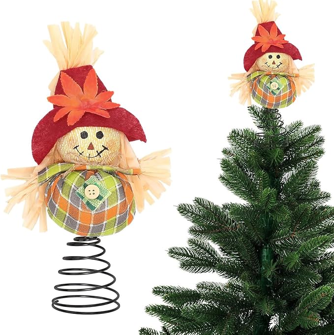 Thanksgiving Scarecrow Tree Topper, 8 Inches Harvest Autumn Tree Ornaments, Fall Christmas Treetops Ornaments for Farmhouse Home Party Supplies