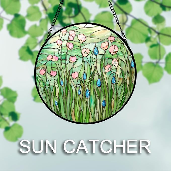 Stained Glass Window Hanging 4 Pcs Set Pink Green Spring Saplings Flowers Large 11.8" - Suncatcher Door Garden Sun Catcher Home Decor Mother's Day for Woman Nana Mom Men