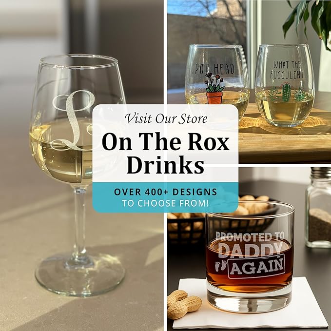 On The Rox Drinks [H-Monogram] - 4 Piece Set of 11 Ounce Engraved Heavy Base Rocks Whiskey Bourbon Glasses Elegant Glass-Multi-Purpose Beverage-Rocks Glass- Ideal Gift for any Occasion
