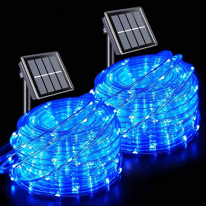 JMEXSUSS 2 * 200 LED Blue Solar Rope Lights, 66ft IP 65 Waterproof Solar String Light Outdoor, 8 Modes Christmas Lights for Camp Trampoline Ladder Slide Tent