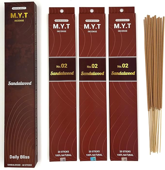 M.Y.T Sandalwood Incense Sticks Natural – Long-Lasting Woody Aroma – Low Smoke, Clean Burn – Perfect for Meditation, Yoga & Stress Relief – 60 Sticks