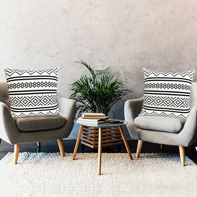 Decorative Throw Pillow Covers Set of 2 Black Boho Pillow Covers 22x22 Inch Throw Pillow Cover Linen Pillowcase Modern Boho Farmhouse Outdoor Pillow Covers for Couch Sofa Bed Living Room