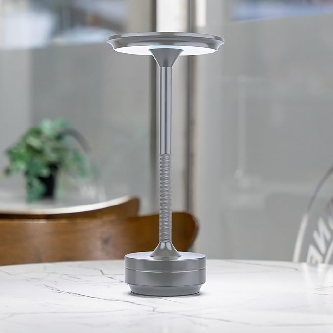 Cordless Rechargeable Touch Lamp 5000mAh Battery, 20+ Hours Use, USB-C Charging, 3 Color & Brightness Settings, Aluminum Table Lamp for Bedroom, Dining, Office or Cafe (Silver)