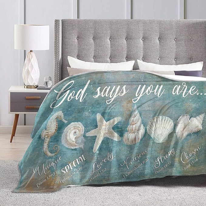 Tijuboni Ocean Seashells Throw Blanket - God Says You are - Beach Nautical Gifts for Women Men Girls Boys Kids Adults Soft Flannel Fleece Blanket for Couch Sofa Bed Home Decor 60"x80"